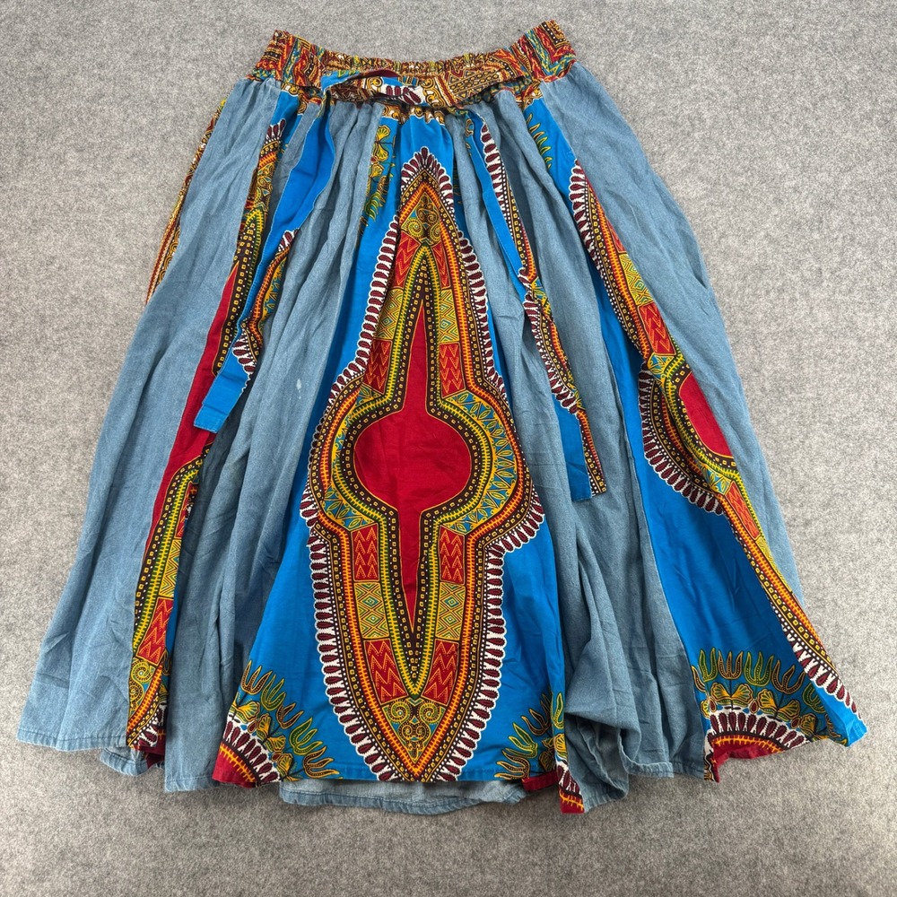 Tuff Skirt Womens OS Dashiki Denim Patchwork Blue African Print Boho Maxi Skirt